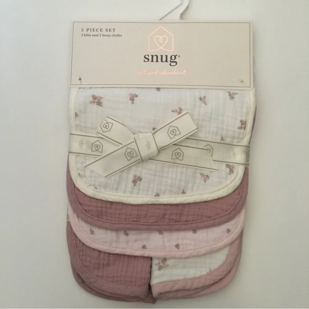 Snug 5-Piece Baby Bib & Burp Cloth Set Cotton Floral Print and Solid Color NEW
